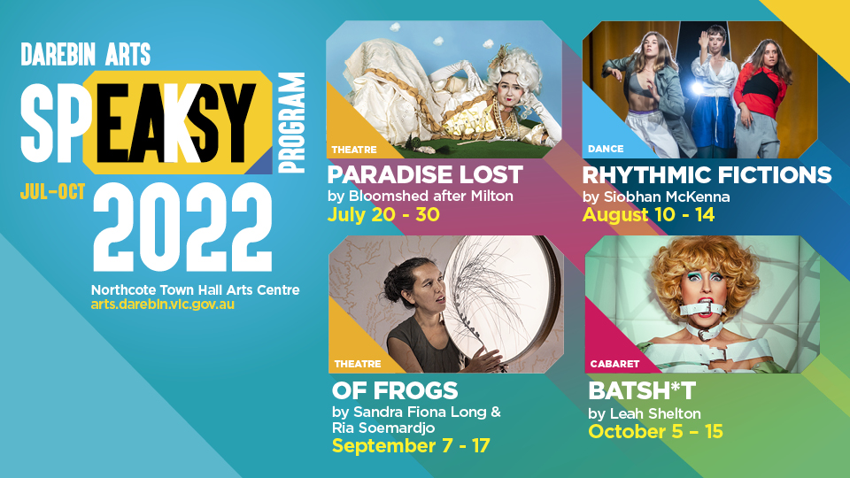 Four pictures of people in costumes are grouped on the right hand side of  a blue background. To the left sites the Darebin Arts Speakeasy logo and '2022' underneath it.