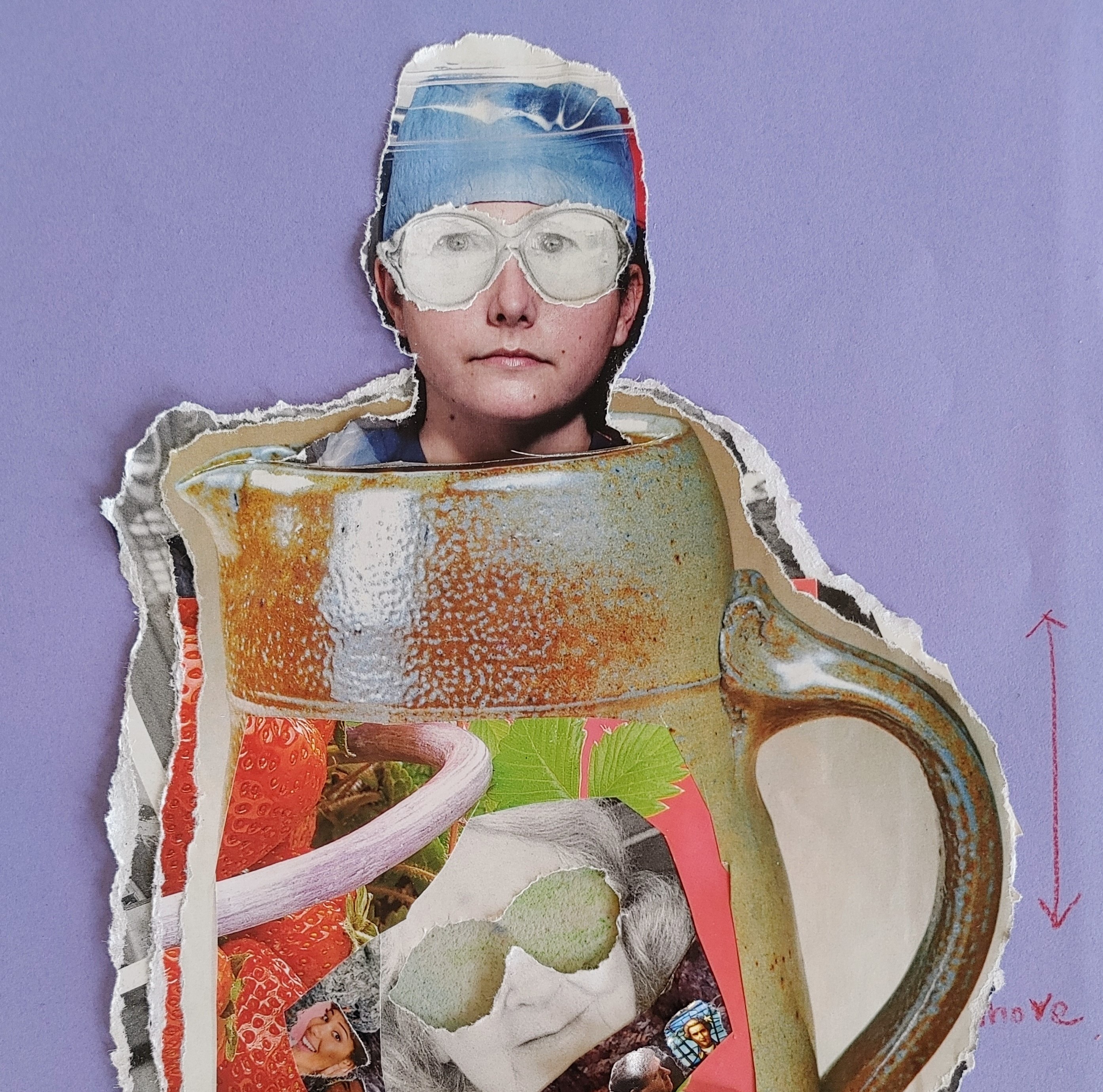 A colourful collage with a persons face popping out of a jug. 