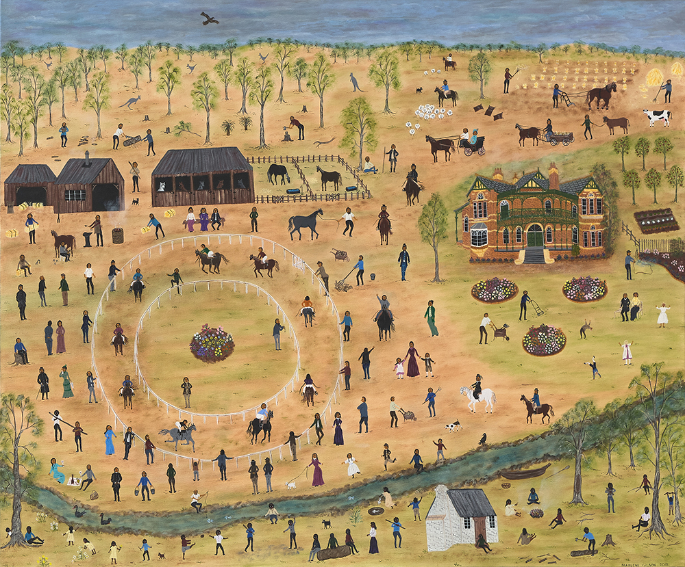 Acrylic on linen painting of people, Bundoora Homestead with horses, trees in background.  People labouring and doing farm work, exercising horses in a ring.