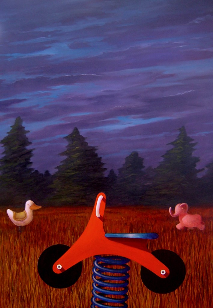Painting of a children's play bike on a spring in foreground. Duck on left hand side, elephant on right hand side in a wheat field.  Trees in the distance and a blue purple clouded sky