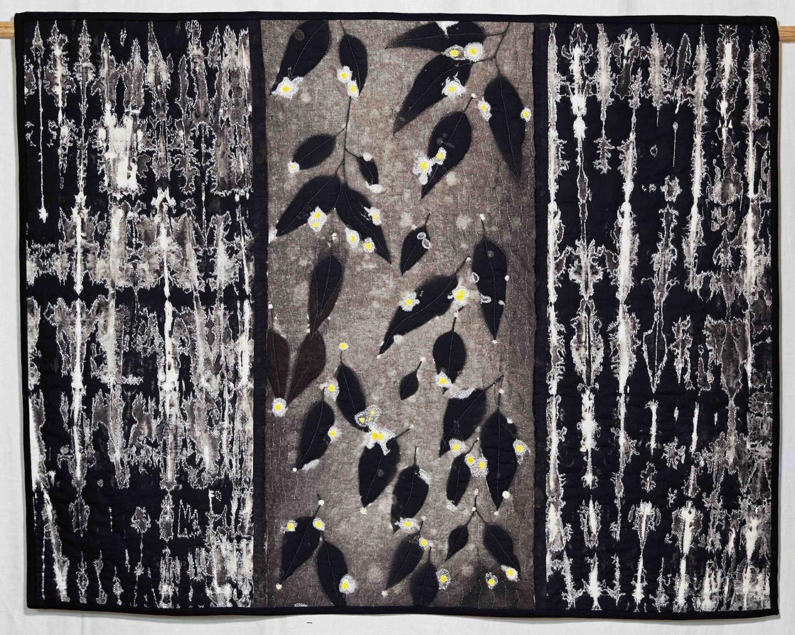Image representing snowgums in winter 2016. Black Calico bleached - metallic thread and home dyed fabric. 