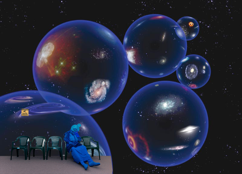 Outer space image with bubbles, galaxies and an astronaut sleeping on a set of seats