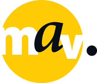 Logo - yellow circle with the words MAV and a black dot