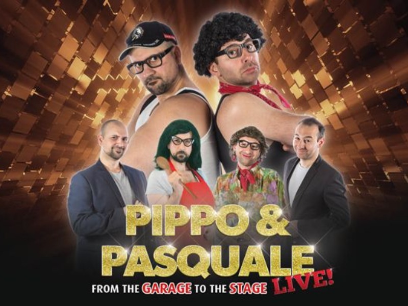 A retro banner with a brown disco ball background with six men posing 