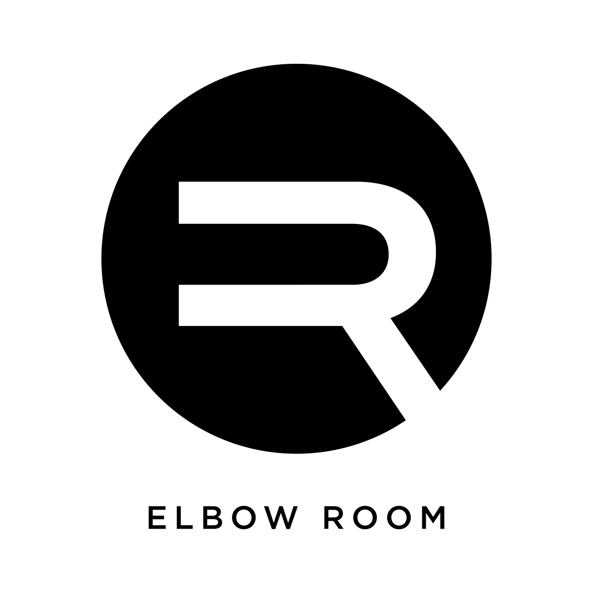 A black circle has a 'R' cut out in the middle. Under the circle is the text 'Elbow Room'