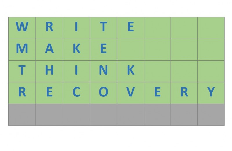 A green and grey image of a scrabble word board with the words write, make, think, recovery