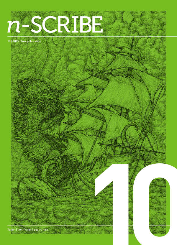 Magazine cover illustration in green and black only, depicting a three-mast wooden sailing ship being attacked by a mythical sea monster