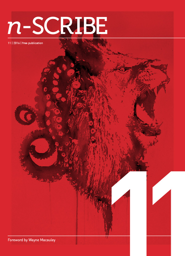 Magazine cover illustration in red and black colours, depicting a roaring lynx's face facing right, with the back of its head made of curling octopus tentacles