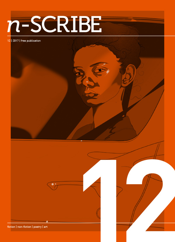 n-Scribe magazine cover illustration, in orange and brown colours only, depicting person seated in car wearing seatbelt, looking out side window toward camera