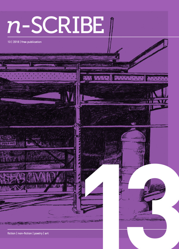 Magazine cover illustration in purple and black colours only, depicting street scaffolding