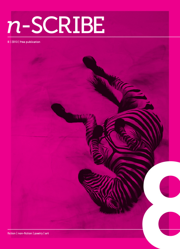Magazine cover artwork in hot pink and black colours only, depicting a zebra lying on its back with legs in the air