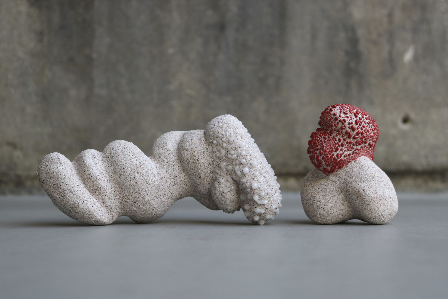 Narelle White's abstract sculptures displayed on a concrete floor with concrete backdrop