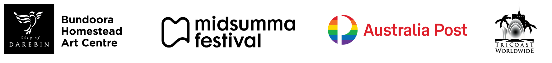 Bundoora Homestead Art Centre logo, Midsumma Festival logo, Australia Post logo, Tricoast Worldwide logo.