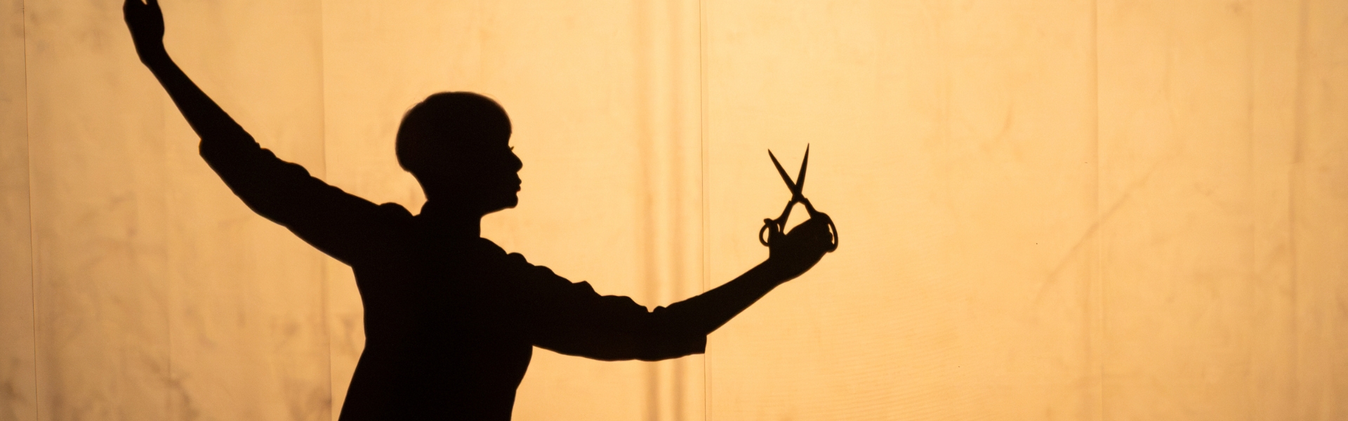 A profile shadow of a person holding a pair of scissors in their right hand.