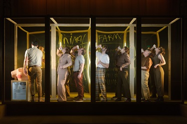 A group of people stand behind a row of boxed compartments. They each have their heads leaning backwards and a baby's bottle raised to their mouths.