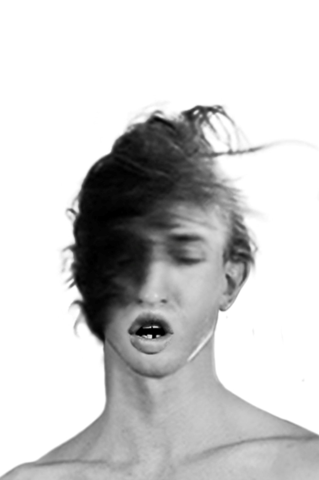 A black and white sketch drawing of a person with short hair and bared shoulders with eyes closed and mouth gaped open.