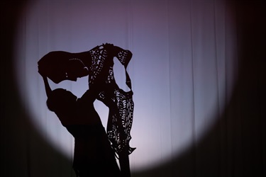 A projection of two shadows, with one lifting the other into the air.