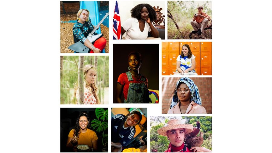 A collage of ten young people of all races and backgrounds. Some hold instruments, all smile towards the camera.