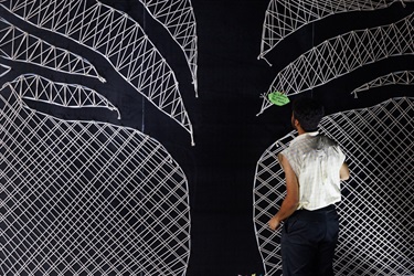 A person wearing a white sleeveless top and black pants has their back to the camera as they look toward a large tracing of a tree on a wall.