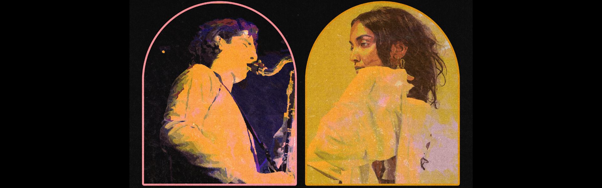 Two images side by side framed in an arch. The image on the left is a man with short dark hair, his eyes are closed as he blows into the mouthpiece of a saxophone. The image to the right is a woman with long dark hair wearing a yellow frilly dress.