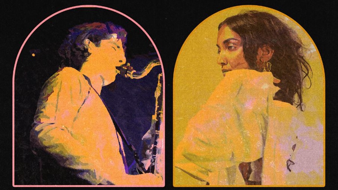 Two images side by side framed in an arch. The image on the left is a man with short dark hair, his eyes are closed as he blows into the mouthpiece of a saxophone. The image to the right is a woman with long dark hair wearing a yellow frilly dress.