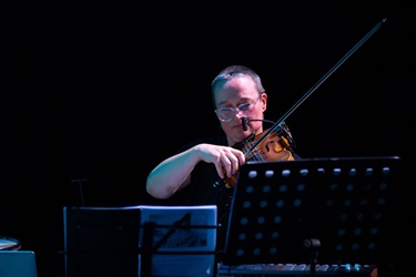 A person with short grey hair plays a violin behind a music stand.