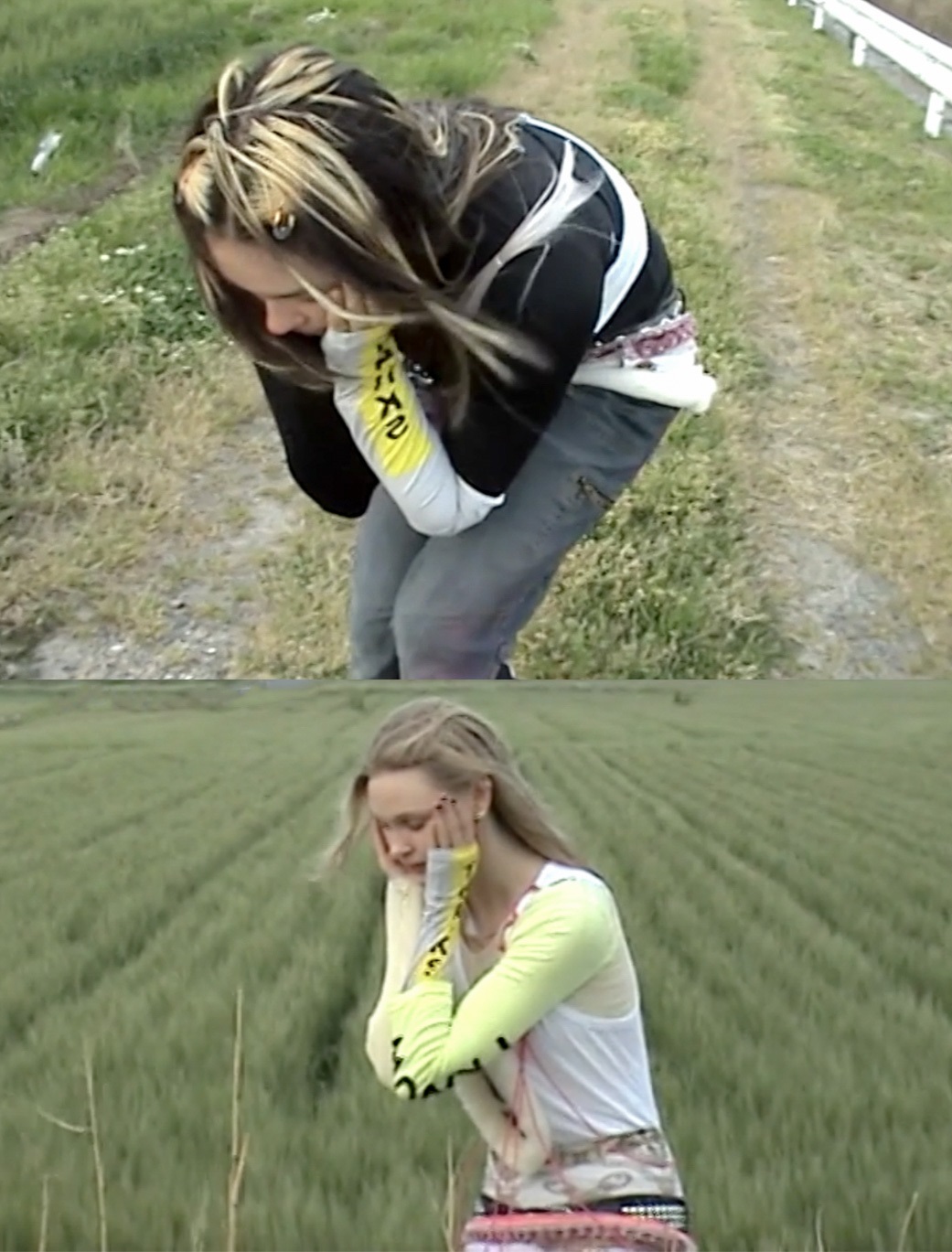 Two photos, one on top of the other, of two women in green fields holding their lowered heads in despair.