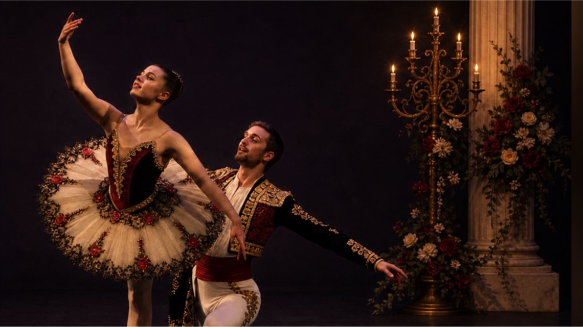 A ballerina raises her bent left arm in the air and stands on one leg. Behind her a male ballet dancer kneels on one leg supporting her from behind.