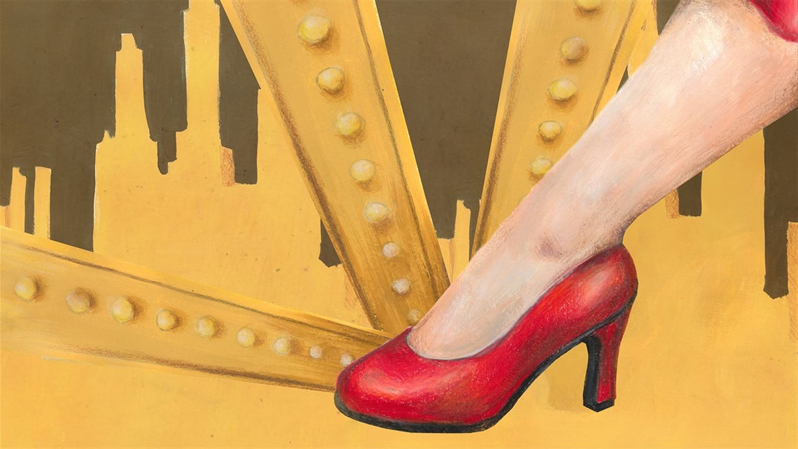 A drawing of a foot wearing a red stiletto in front of a city backdrop.
