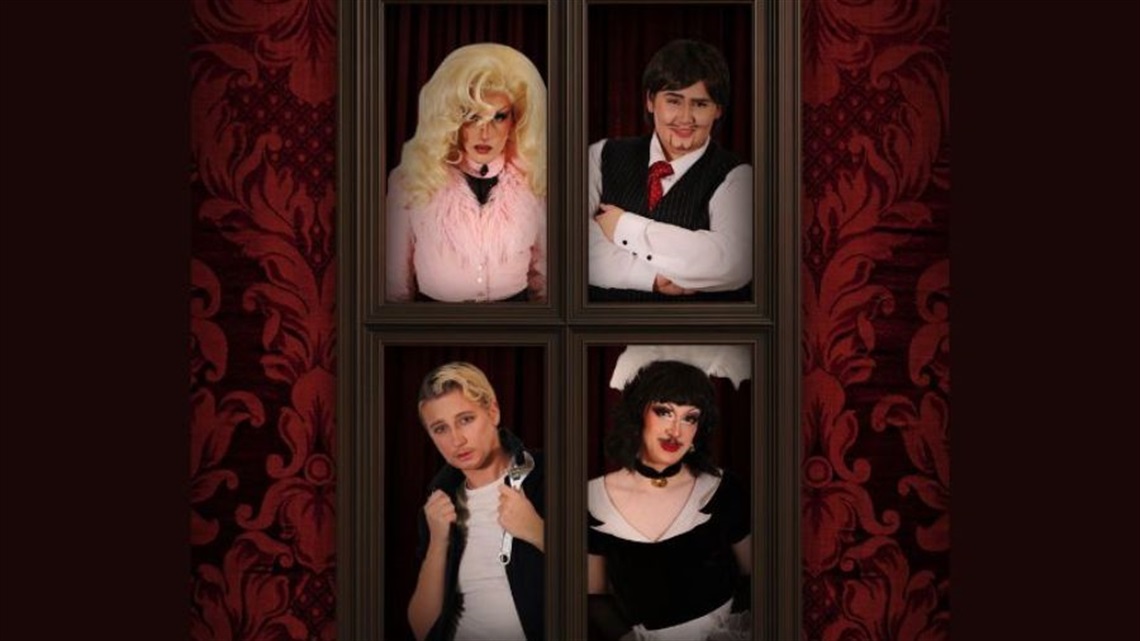 Four frames stacked on one another of people dressed in drag.