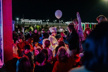Carolyn Hanna of Born in a Taxi with audience members during ENLIGHTEN at THE CUBE opening night image by Wild Hardt