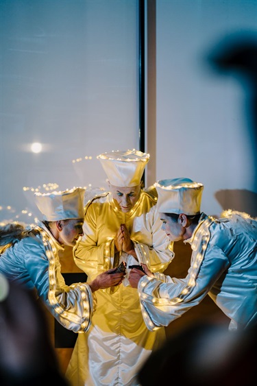 Penny Baron (L), Carolyn Hanna (C) and Nick Papas (R) of Born in a Taxi perform ENLIGHTEN at THE CUBE opening night image by Wild Hardt