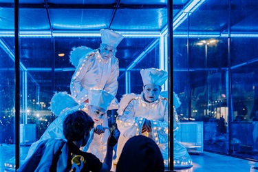 Penny Baron (L), Carolyn Hanna (C) and Nick Papas (R) of Born in a Taxi perform ENLIGHTEN at THE CUBE opening night image by Wild Hardt