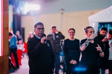 Uncle John Terrick conducts the Welcome to Country at THE CUBE opening night image by Wild Hardt