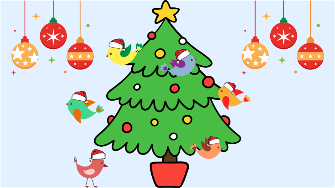 A cartoon image of a Christmas tree decorated with bulbs and tinsel. Small birds with santa hats on their heads surround the tree. And Christmas decorative bulbs hang on either side of the tree.