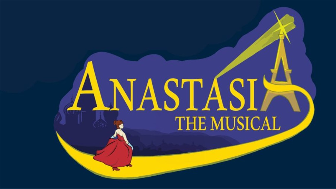 A cartoon drawing of a littel girl wearing a red dress walking on a yellow pathway. The pathway connects to the final 'a' in the text Anastasia.