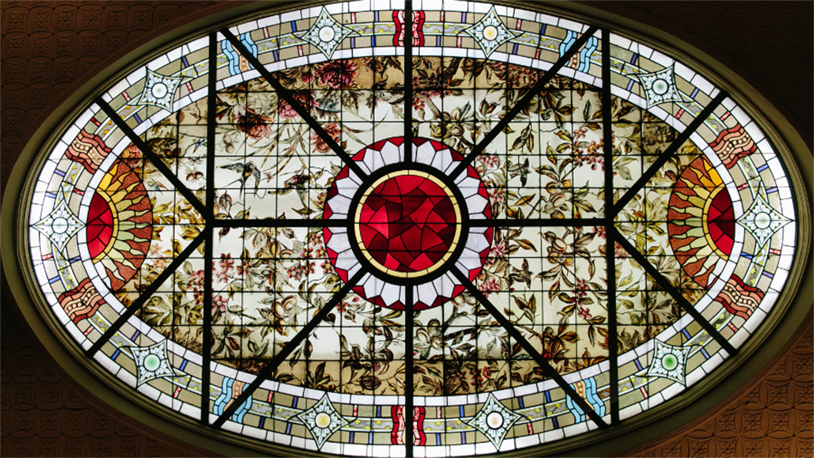 A circular stain glass ceiling