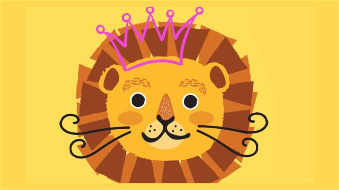 An cartoon drawing of a lion's head over a yellow background.