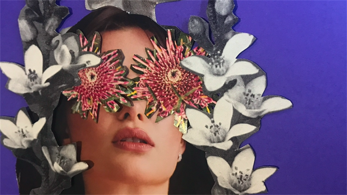 A colorful collage of a woman's page with flowers over her eyes and surrounding her head