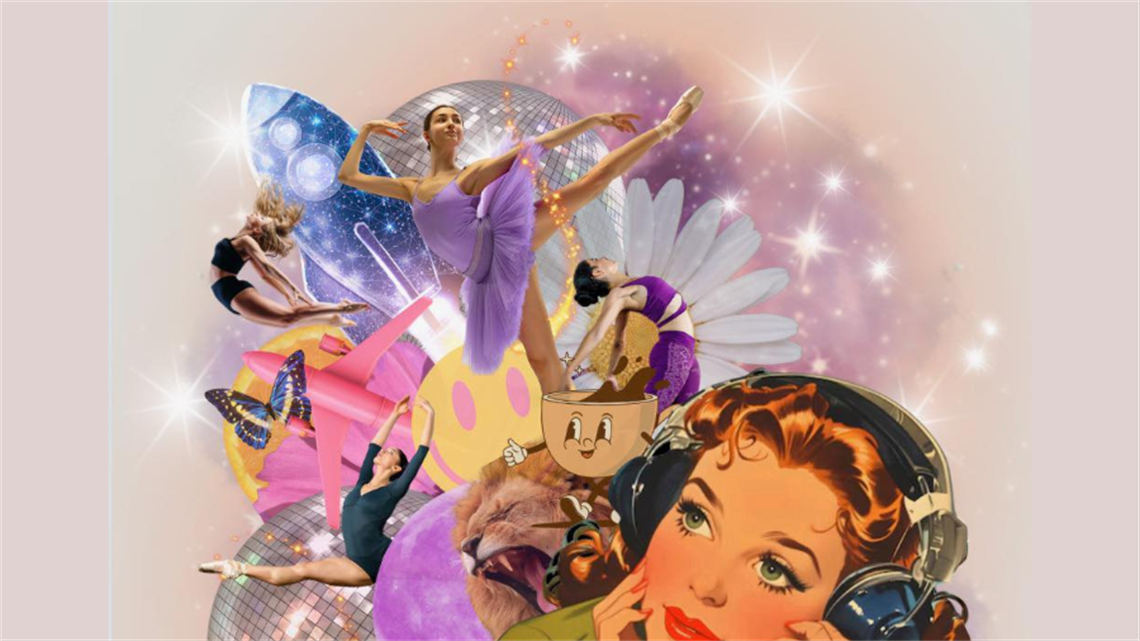 A collage of female dancers overlaying a 1950s drawing of a woman wearing headphones.