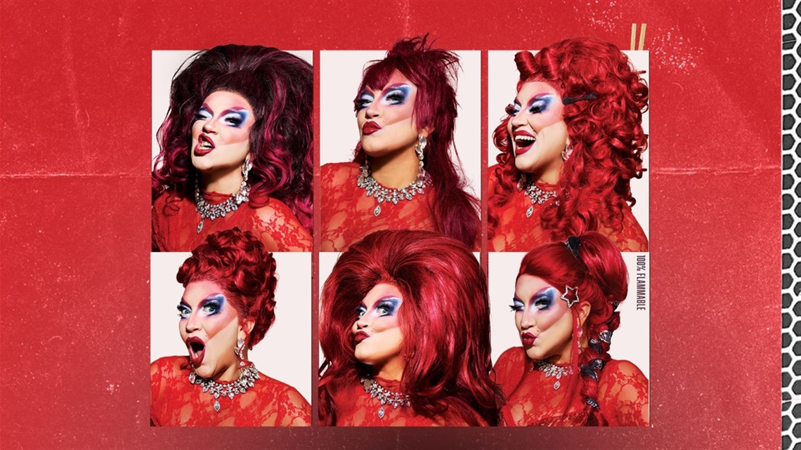Multiple pictures of a person with big red hair and heavy make-up making silly faces.