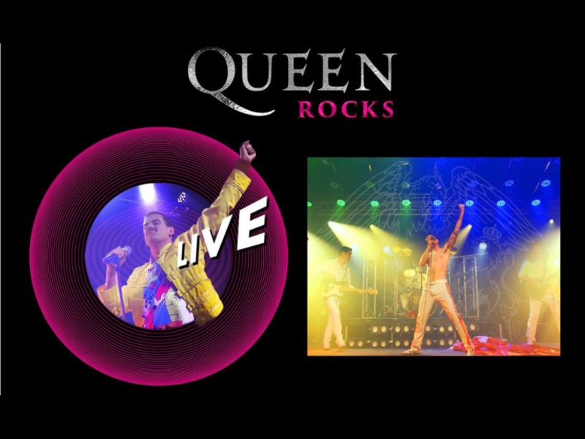 Side by side images of a Freddy Mercury impersonator. The words 'Queen Rocks' is written in white and pink text above and centre of the images. The word 'Live' is diagonally displayed in white text over the image on the left.