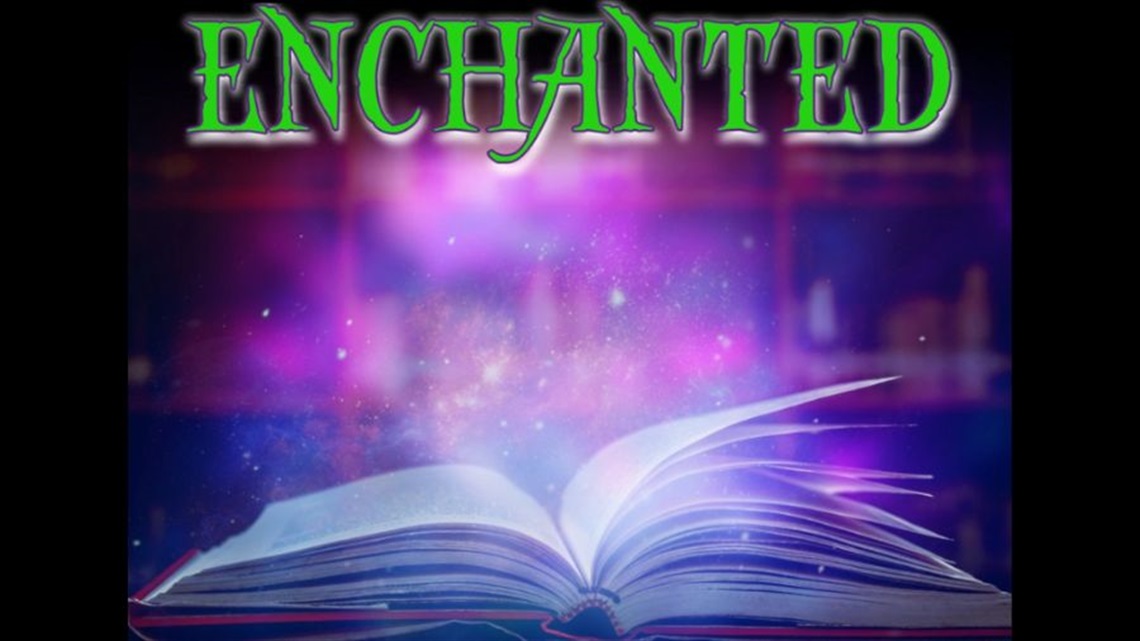 An open book. Above is the word 'Enchanted' in green text.