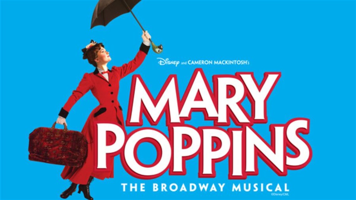 A woman holding a black umbrella in the air is wearing a red dress with black butons down the front. She holds a large luggage bag in her right hand. In white text with red border is the words Mary Poppins.