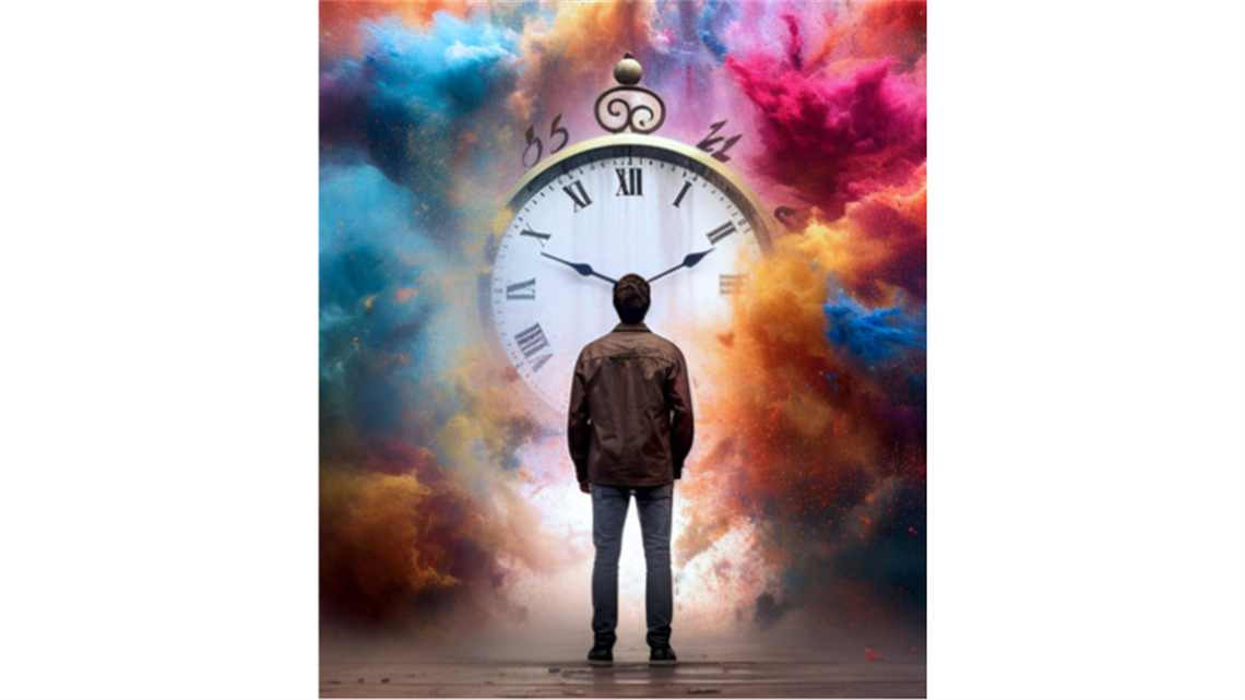 A person with their back facing us wears a brown jacket and pants. They face an explosion of rainbow-coloured cloud. A giant clock face is centred in the cloud.