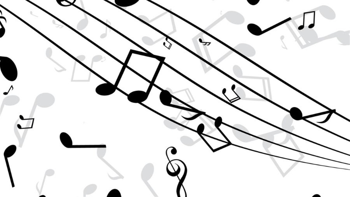 Black and grey coloured music notes and, symbols and staff spread across a white background.