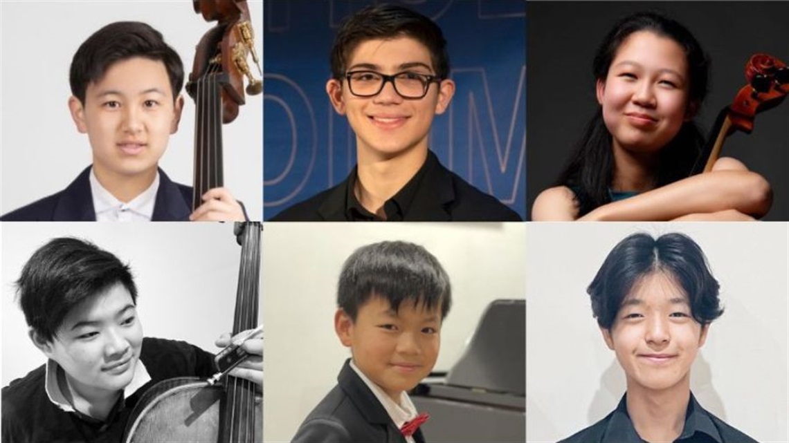 A collage of six young musicians: five boys and one girl. They are all smiling tot he camera and wear black tops. Three people are holding onto the neck of a cello or bass instrument.