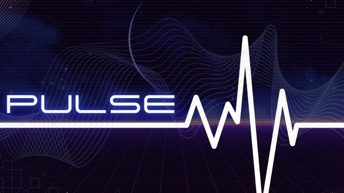 A black backdrop with white text saying 'Pulse'. The end of the e continues into a lifeline symbol. 