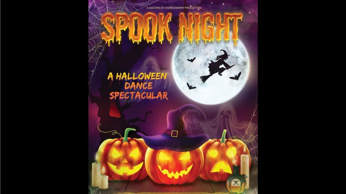 A cartoon scene of a Halloween night, including jack-o-lanterns, a shadow of a flying witch and a haunted house in the background.