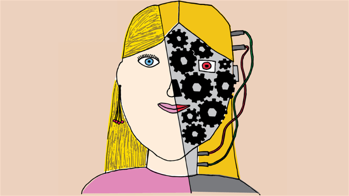 A sketch drawing of a face that is half human and half robot. It is wearing a pink tshirt, has blonde hair and a blue eye. There are wired pulgs connected from the head to the neck.